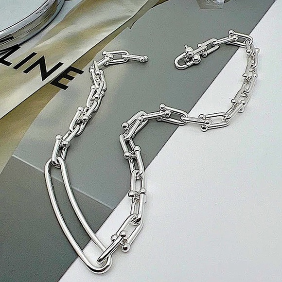 Sterling Silver U Link Horseshoe Chain Link Unisex Paperclip Choker Necklace - Picture 4 of 7